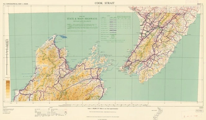 Map of state & main highways showing load classification under the Heavy Motor Vehicles Regulations 1950, as at 1/4/1953. Cook Strait [electronic resource].