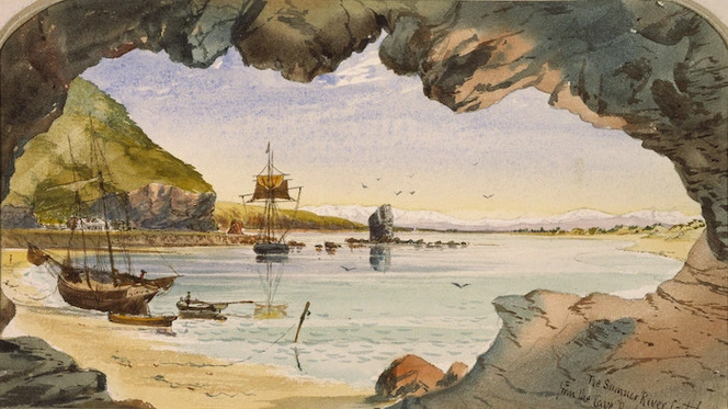 Hodgkins, William Mathew, 1833-1898 :The Sumner River, Canterbury, from the Cave Rock, 1 April 1870. W H.