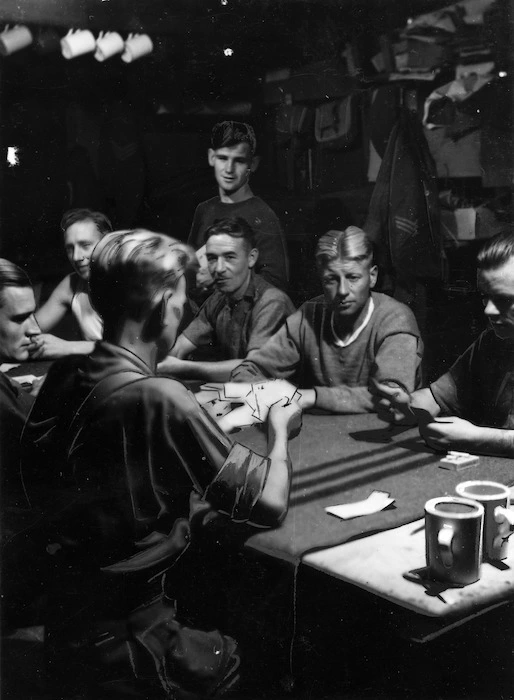 Prisoners of war playing bridge at Stalag 383, Hohenfels, Bavaria, Germany