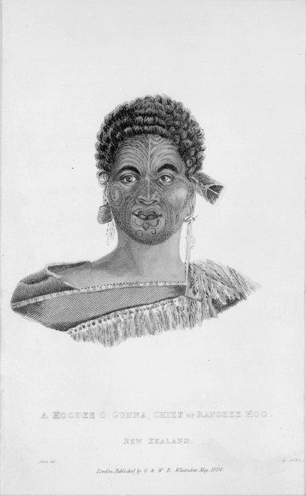 Lewin, John William 1770-1819 :A Hoodee o Gunna chief of Ranghee Hoo. New Zealand. Lewin, del; M. Griffith, sc. London, Published by G. & W B Whittaker. May 1824