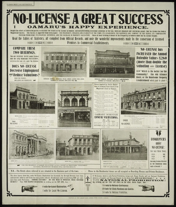 [New Zealand Alliance for the Abolition of the Liquor Trade] :No-license a great success; Oamaru's happy experience. Printed at the Oamaru Mail Office, Tyne Street, Oamaru. [1922].