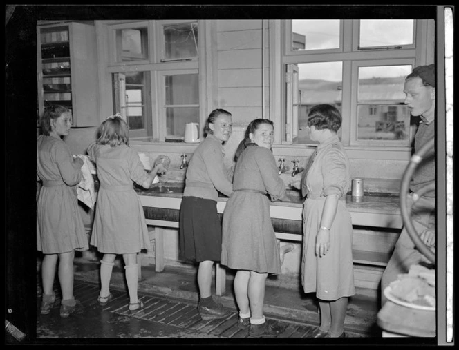 Washing dishes at Polish children's refugee camp, Pahiatua