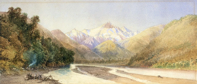 Chevalier, Nicholas, 1828-1902 :View from the Junction of River Burke with River Haast. 1866 Drawn by N. Chevalier from a sketch by Sir J. Haast