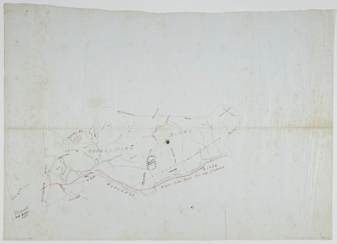 [Harsd, N, fl 1914 ]:[Proposed railway track through Whangaipeke Block, Piopiotea and Maungaku survey districts] [ms map]. 1914