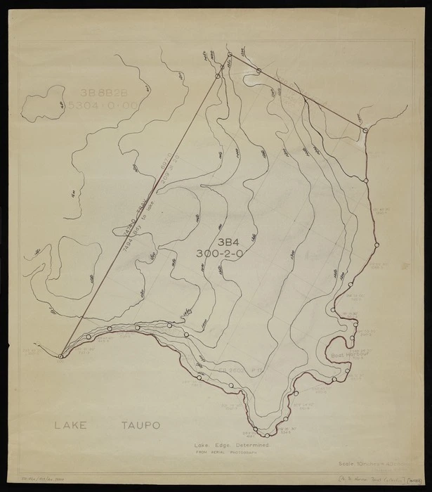 Te Kanawa, J, fl 1958 :Lake Taupo, [Section 3B4, with contour lines] [copy of ms map]. J Tekanawa, 12.6.1958