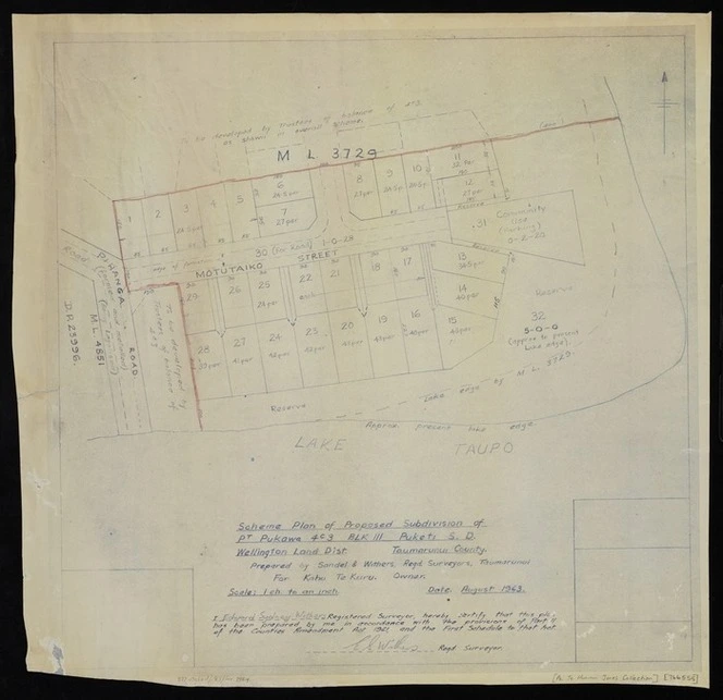Sandel & Withers (Firm) :Scheme plan of proposed subdivision of pt. Pukawa 4C3, Blk III Puketi S.D., Wellington Land Dist., Taumarunui County [map with ms annotations]. Prepared by Sandel & Withers, Regd. Surveyors, Taumarunui, for Kahu Te Kuru, owner, August 1963