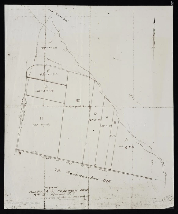 Dolan, Owen John, 1896-1982 :Plan of subd[ivisio]ns A-J, Papangaio Block, Blk II, Moutere S[urvey] D[istrict] [copy of ms map]. Signed OJ Dolan, PN, Oct, 19[37].