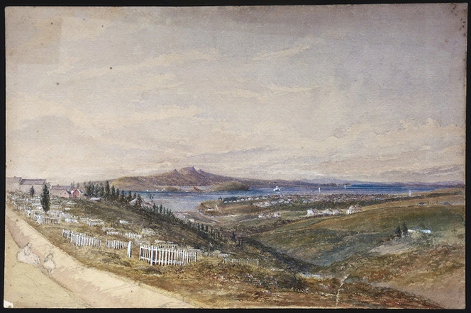 [Johnston, John Tremenhere], fl 1860s :[Auckland ; looking across to Rangitoto]. [186-?]