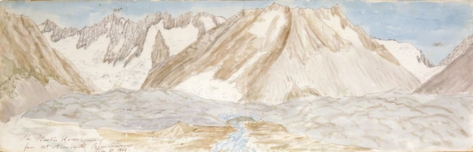 Haast, Johann Franz Julius von, 1822-1887: The Hawker Glacier, source of River Cameron from Mt Arrowsmith, 27 Feb[ruary] 1864.