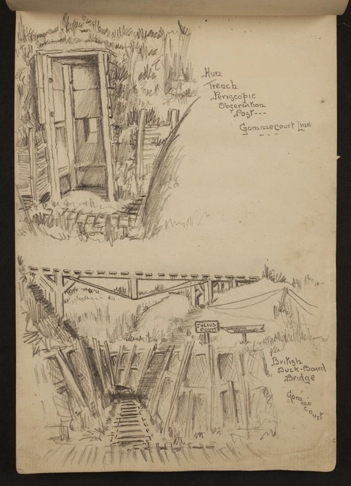 O'Grady, James, 1882?-1956 :Hun trench, periscopic observation post, Gommecourt line; British duck-board bridge, Gommecourt [1918]