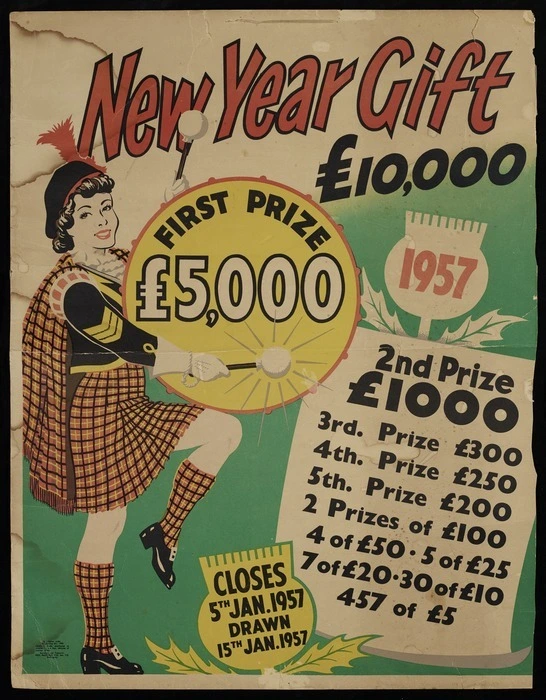 New Year gift £10,000 1957. First prize £5,000, 2nd prize £1000. Closes 5th Jan 1957; drawn 15th Jan 1957. By licence under "The Gaming Act 1908".