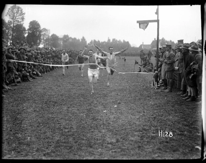 Running race at a New Zealand contingent sports day in Le Doulieu, France, during World War I