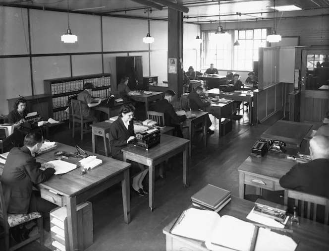 Office interior and workers