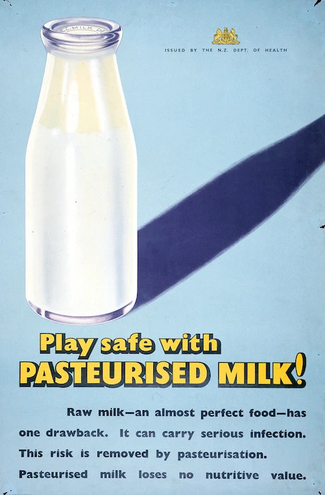 New Zealand. Department of Health :Play safe with pasteurised milk! Raw milk - an almost perfect food - has one drawback. It can carry serious infection. This risk is removed by pasteurisation. ... / issued by the N.Z. Dept. of Health. [ca 1946]
