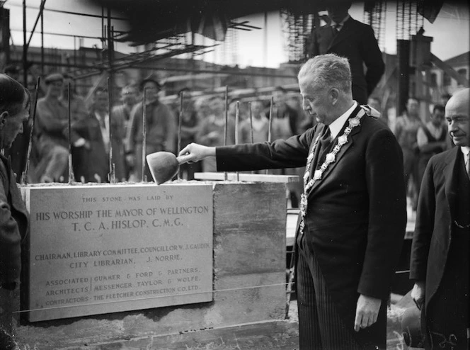 Mayor of Wellington, Thomas Hislop, laying the foundation stone of the Wellington Public Library