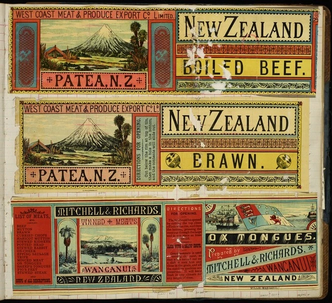 A D Willis (Wanganui) :[Three labels - West Coast Meat & Produce Export Co Ltd (Patea). New Zealand boiled beef, and New Zealand brawn; and, Mitchell & Richards Tinned Meats, Wanganui. Ox tongues. 1890-1920].