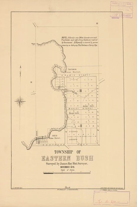 Township of Eastern Bush [electronic resource] / surveyed by James Hay, Dist. surveyor, November 1878 ; J.C. Potter, delt. ; John Spence, chief surveyor, Southland Dist.