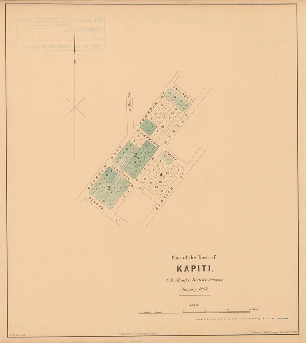 Plan of the town of Kapiti [electronic resource] / C.B. Shanks, district surveyor ; W. Spreat, lith. ; J.T. Thomson, chief surveyor.