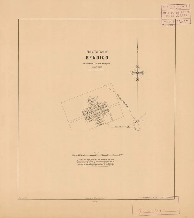 Plan of the town of Bendigo [electronic resource] W. Arthur, district surveyor, Novr. 1869 ; W Spreat. lith.