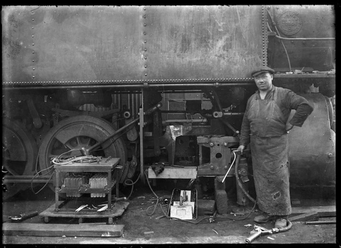 Locomotive engine frame for "Wj" class steam locomotive No. 466 welded by quasi-arc electric welding process.