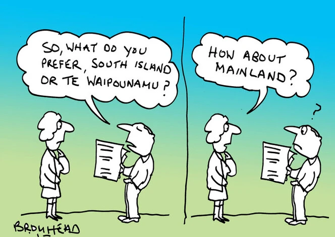 Bromhead, Peter, 1933-:"So, what do you prefer, South Island or Te Waipounamu?" 11 October 2013