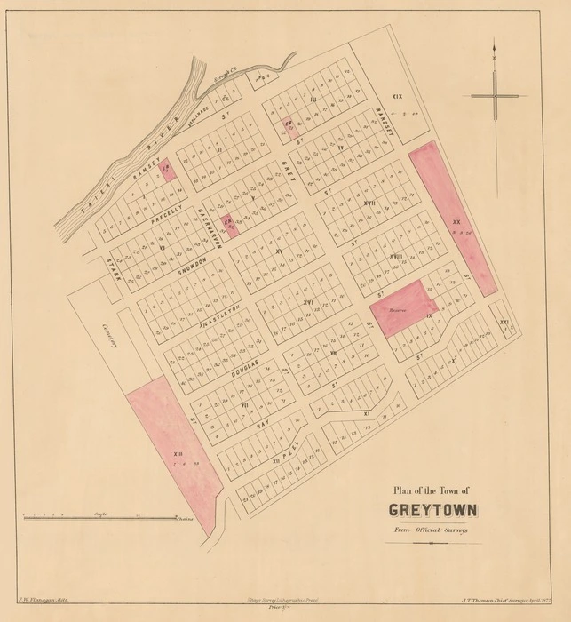 Plan of the town of Greytown, from official surveys [electronic resource] / J.T. Thomson, chief surveyor, April 1872 ; F.W. Flanagan, delt.