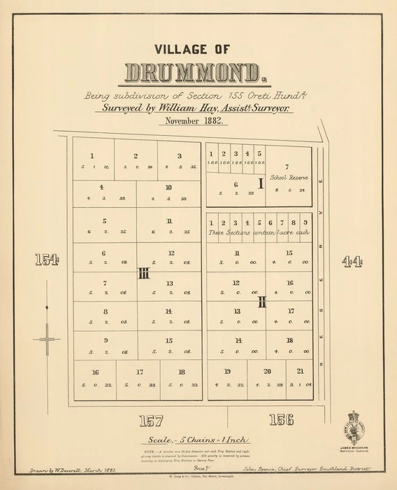 Village of Drummond : being subdivision of section 155 Oreti Hundd. / surveyed by William Hay, assistt. surveyor, November 1882 ; drawn by W. Deverell, March 1883.