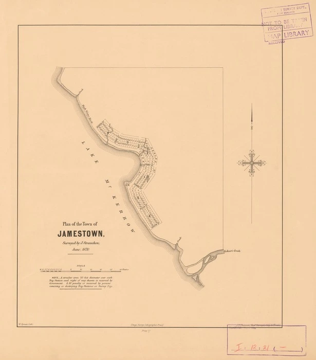Plan of the town of Jamestown [electronic resource] / surveyed by J. Strauchon, June, 1870 ; W. Spreat, Lith.