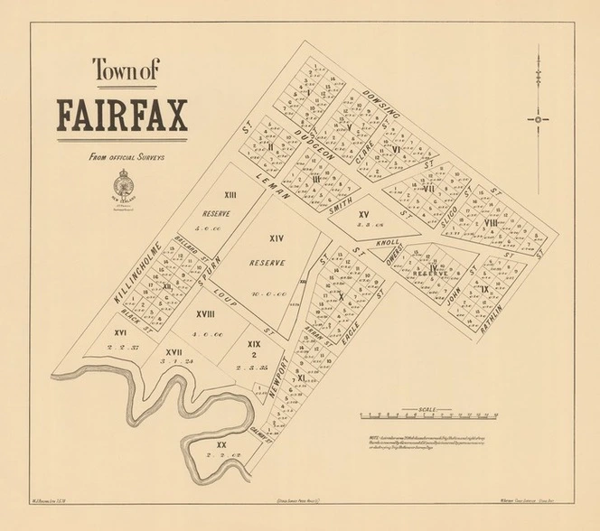 Town of Fairfax [electronic resource] : from official surveys / W.J. Percival, Lith. ; W. Arthur, Chief Surveyor, Otago Dist.