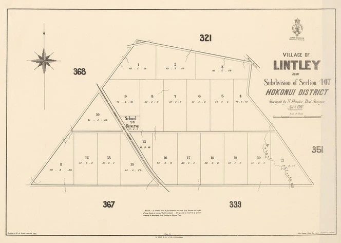 Village of Lintley being subdivision of Section 407, Hokonui District [electronic resource] / surveyed by N. Prentice, Dist. Surveyor April 1880 ; drawn by E.A. Lewis, October, 1880.