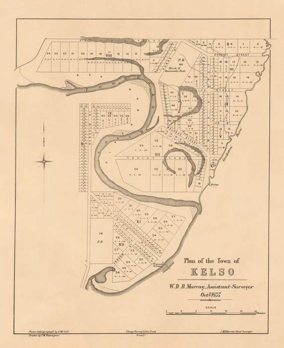 Plan of the town of Kelso [electronic resource] W.D.B. Murray, assistant surveyor, Octr. 1875 ; photo-lithographed by A. McColl ; drawn by  F.W. Flanagan ; J. McKerrow, chief surveyor.