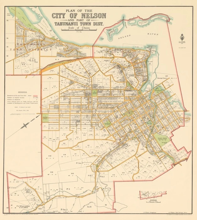 Plan of the city of Nelson [electronic resource] : and part of Tahunanui town dist. / C.H. Baigent, draughtsman.