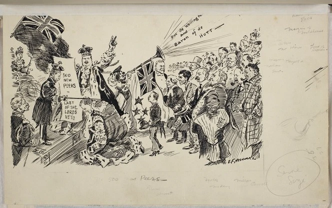 Hiscocks, Ercildoune Frederick, fl 1899-1940s :The 500 new peers. Last of the Lords' veto. Duke de Wellington and Baron of de Hutt. [1911]