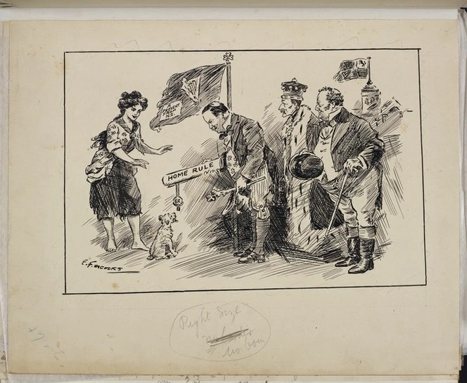 Hiscocks, Ercildoune Frederick, fl 1899-1940s :Home rule. A present from New Zealand. E F Hiscocks, [1911]