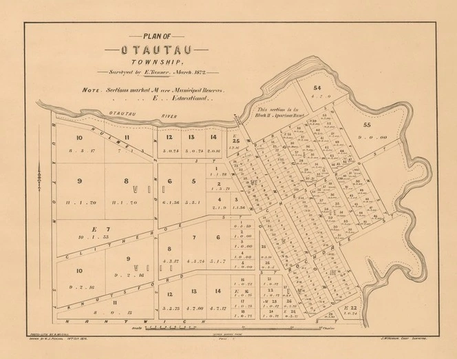 Plan of Otautau Township [electronic resource] surveyed by E. Tanner, March 1872 ; drawn by W.J. Percival.