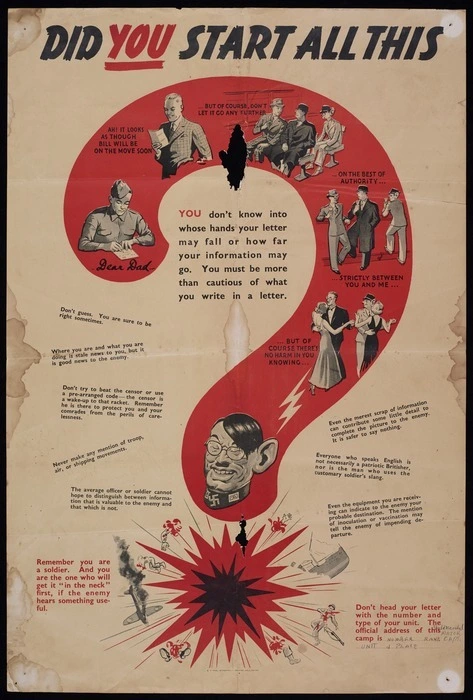 [New Zealand Government] :Did YOU start all this? You don't know into whose hands your letter may fall or how far your information may go. You must be more than cautious of what you write in a letter. Remember you are a soldier. And you are the one who will get it "in the neck" first, if the enemy hears something useful. E V Paul, Government Printer, Wellington [1940s]
