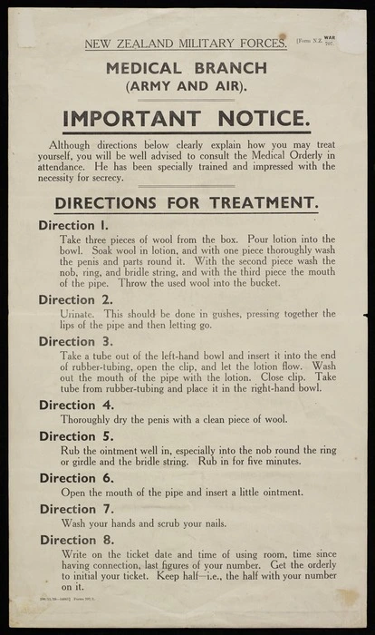 New Zealand Army :New Zealand Military Forces, Medical Branch (Army and Air). Important notice. Directions for treatment. Form N.Z. WAR 707. 200/11/39. Forms 707/1 [1939]