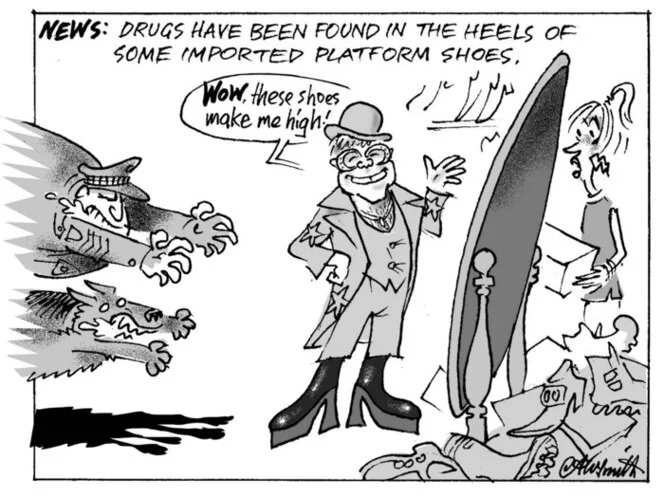 Smith, Ashley W, 1948- :News; Drugs have been found in the heels of some imported platform shoes. 21 October 2013