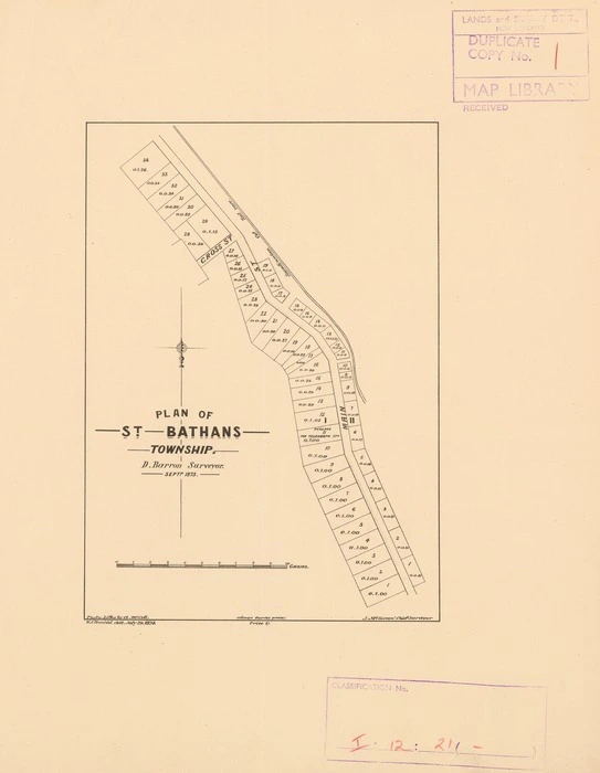 Plan of St. Bathans township [electronic resource] D. Barron, surveyor, Sept. [sic] 1873 ; W.J. Percival delt. July 29, 1874.