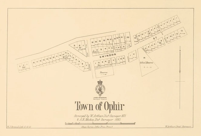 Town of Ophir [electronic resource] / surveyed by W. Arthur, dist. surveyor, 1871 & A.R. Mackay, dist. surveyor, 1880 ; W.J. Percival, Lith 6.12.81.