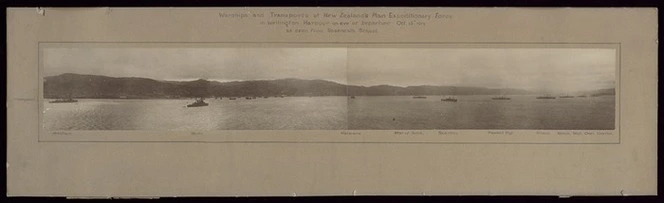 Creator of collection unknown :Warships and Transports of New Zealand's Main Expeditionary Force in Wellington Harbour on eve of Departure Oct. 15th 1914 as seen from Roseneath School