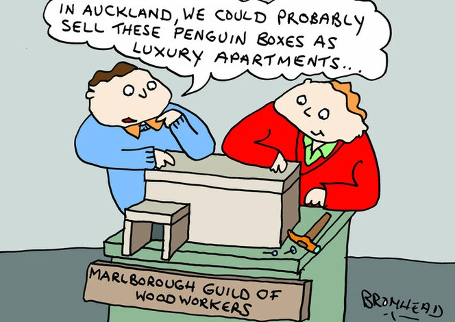 Bromhead, Peter, 1933-:"In Auckland, we could probably sell these penguin boxes as luxury apartments..." 4 November 2013