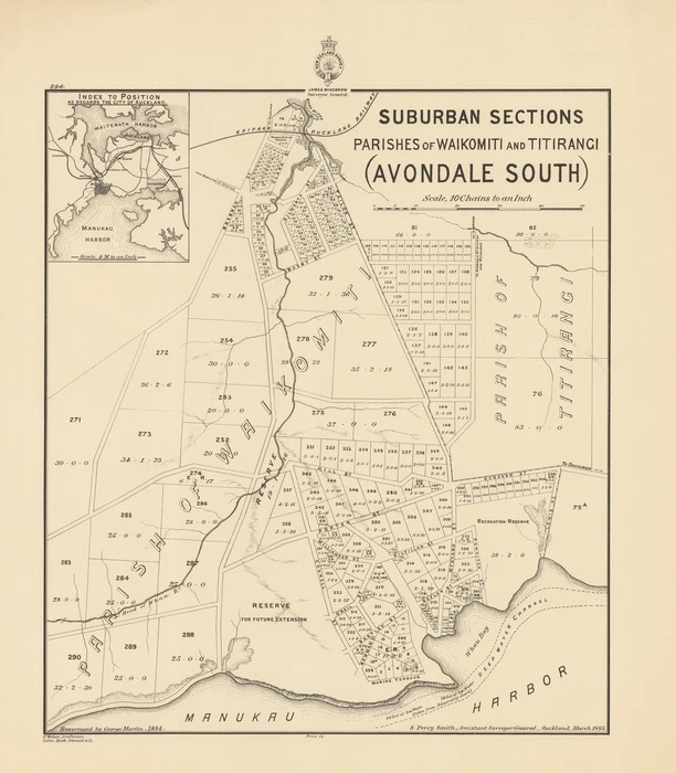 Suburban sections, parishes of Waikomiti and Titirangi (Avondale South) [electronic resource] / resurveyed by George Martin.