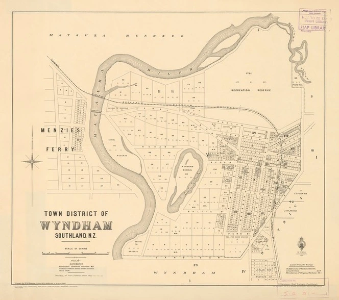 Town District of Wyndham, Southland, N.Z. [electronic resource] / drawn by N.M. Macrae, June 1904, additions to Aug. 1926.