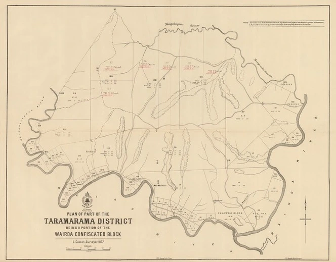 Plan of part of the Taramarama district being part of the Wairoa confiscated block [electronic resource] / L. Cussen, Surveyor 1877.
