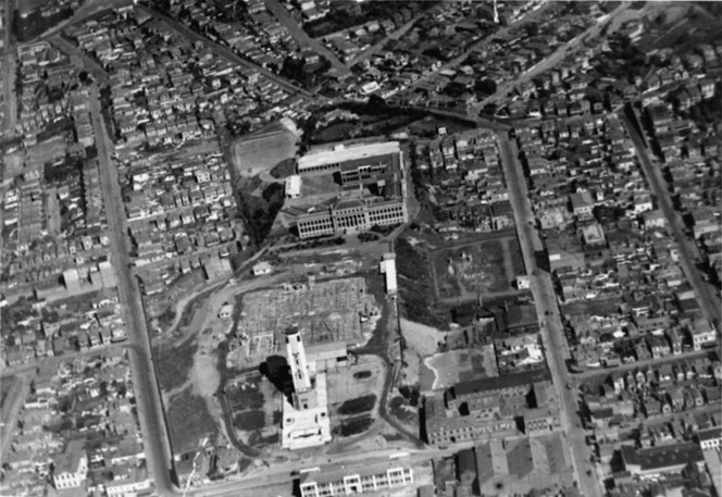 Aerial view over Mount Cook, Wellington, while the Dominion Museum was being constructed
