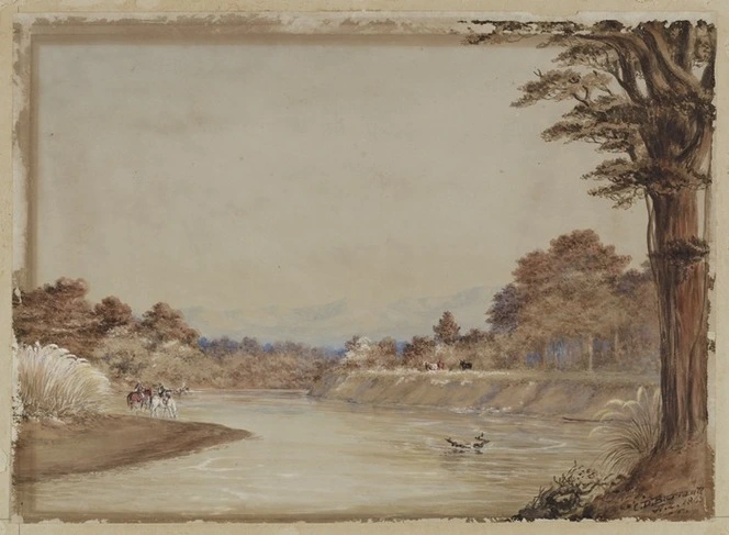 Barraud, Charles Decimus, 1822-1897 :[Men on horseback at the banks of the Hutt River]. 1863