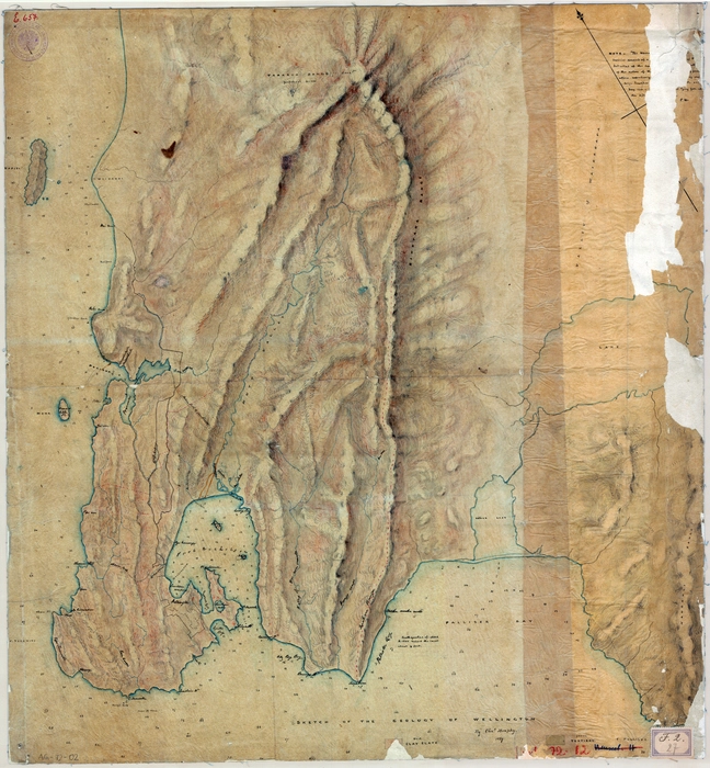 Heaphy, Charles 1820-1881 :Sketch of the geology of Wellington [ms map]. 1859