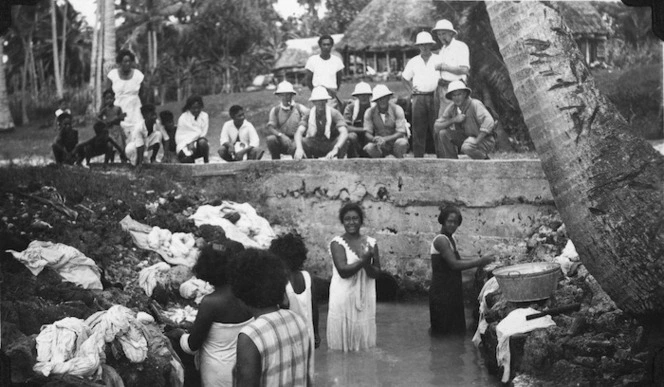 Members of Malaga party at washing pool, Lolomanu village