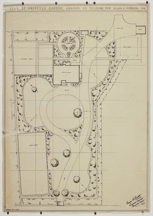Buxton, Trevor Sidney, 1901-1948 :Plan of proposed garden, Arapata Rd Feilding, for Allan A. Hobson Esq. 10/4/41